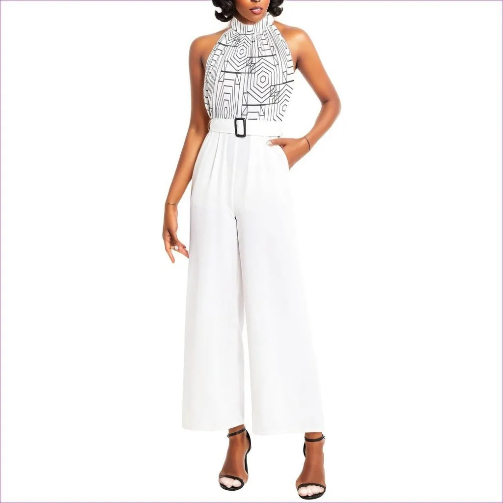 Geode White Halter Neck Buckle Belted Jumpsuit