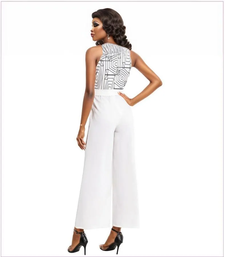 Geode White Halter Neck Buckle Belted Jumpsuit