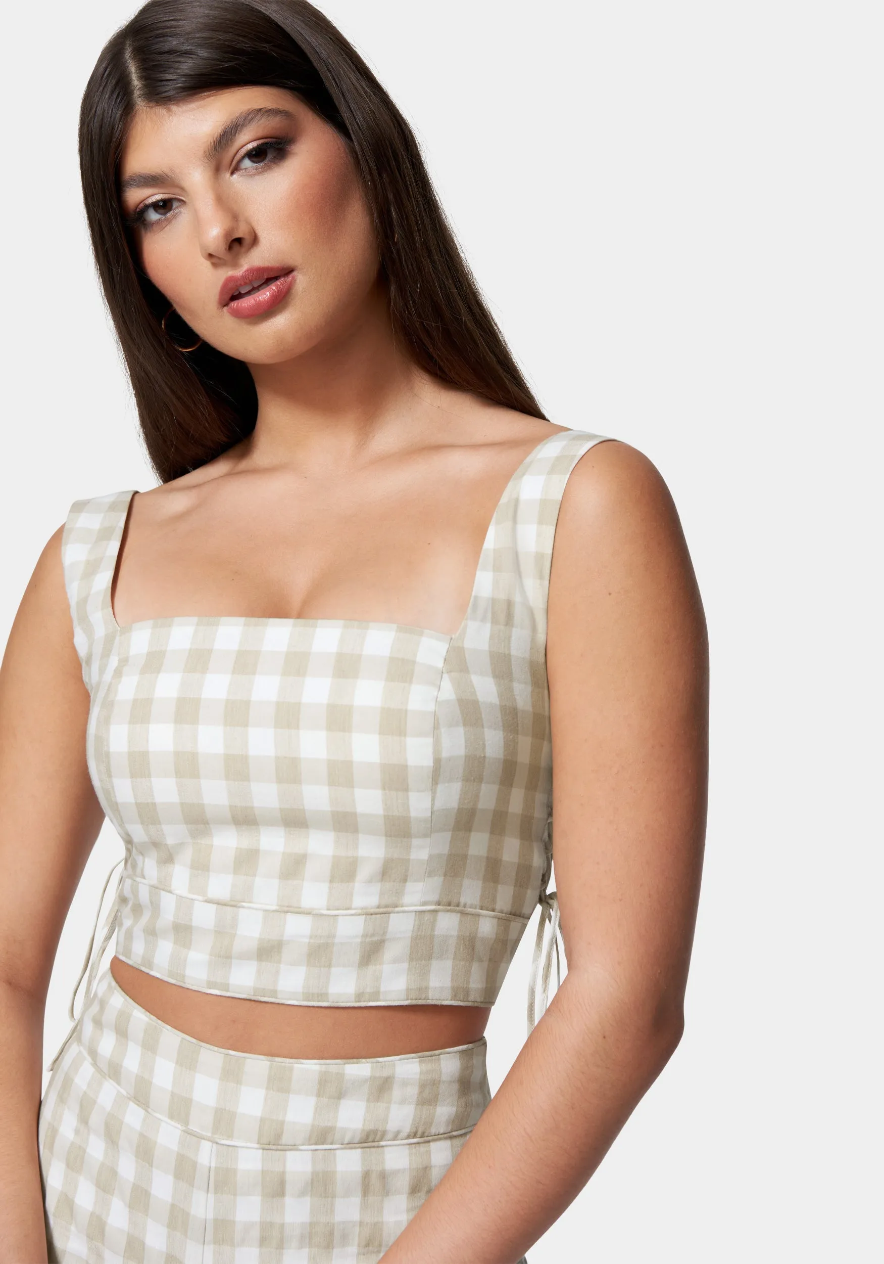 Gingham Cropped Lace Up Detail Top