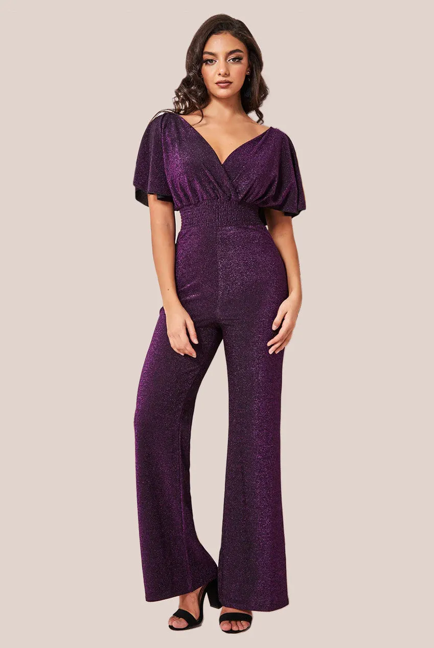 Goddiva Lurex Wrap Style Jumpsuit - Magenta