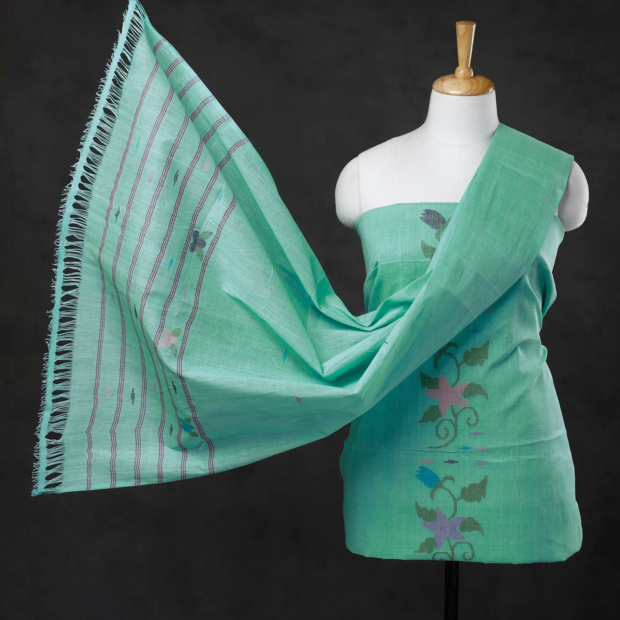 Green - 3pc Manipuri Weave Handloom Cotton Suit Material Set