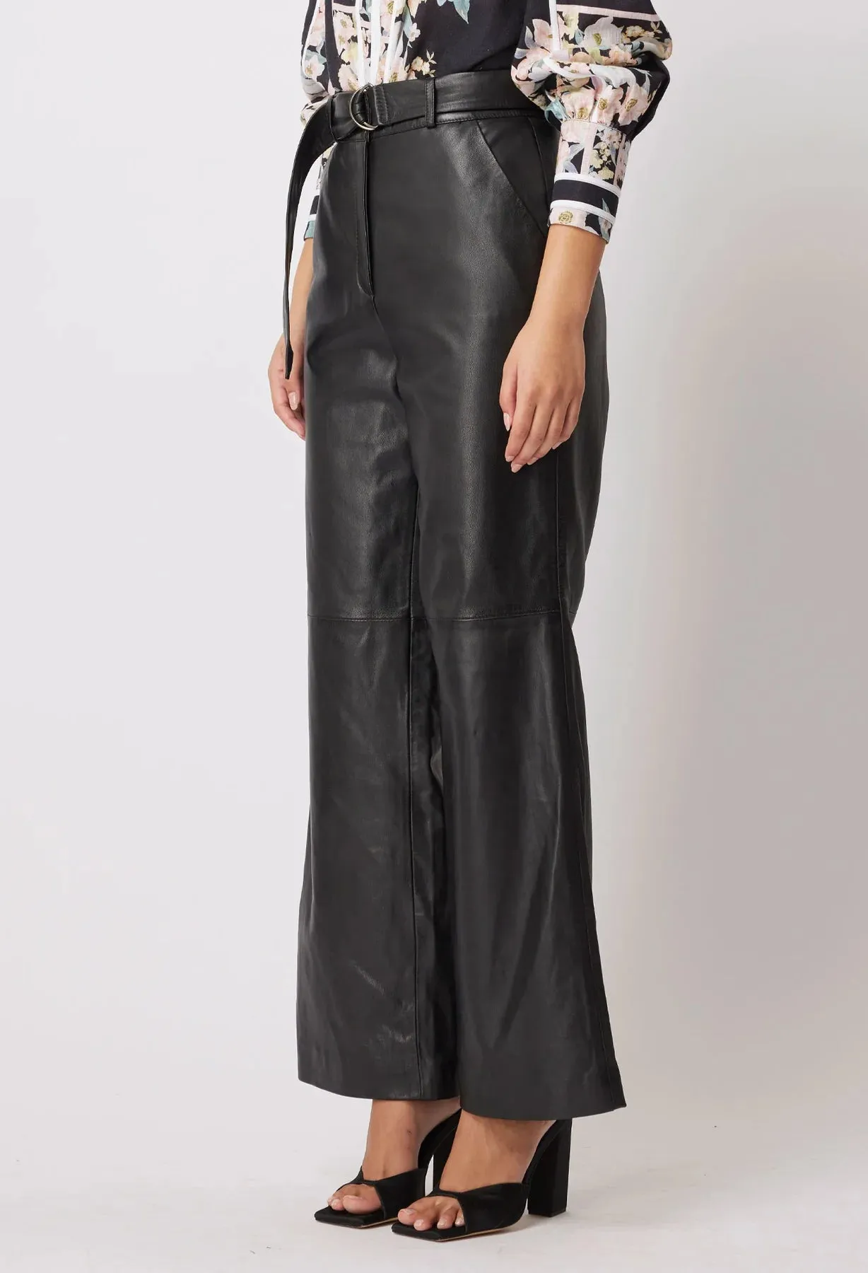 HALSTON LEATHER WIDE LEG PANT | Black