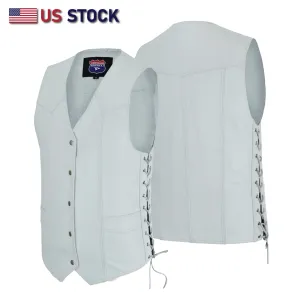 HL11614WHITE Men Side Lace Leather WHITE Vest Traditional