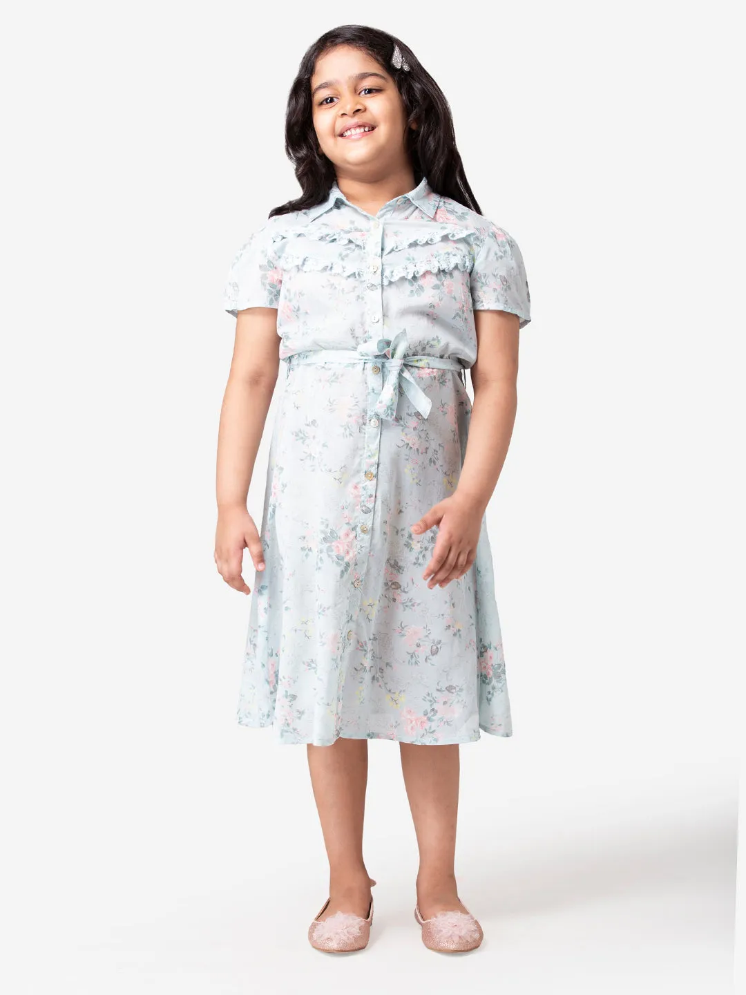 Hoop Hippo Kids Light Green Floral Printed Sushi Voile Formal Dress