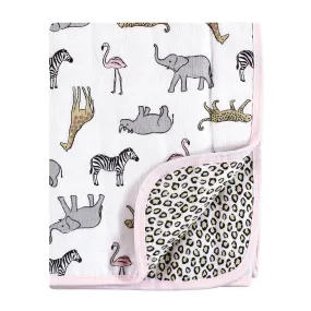 Hudson Baby Muslin Tranquility Quilt Blanket, Modern Pink Safari