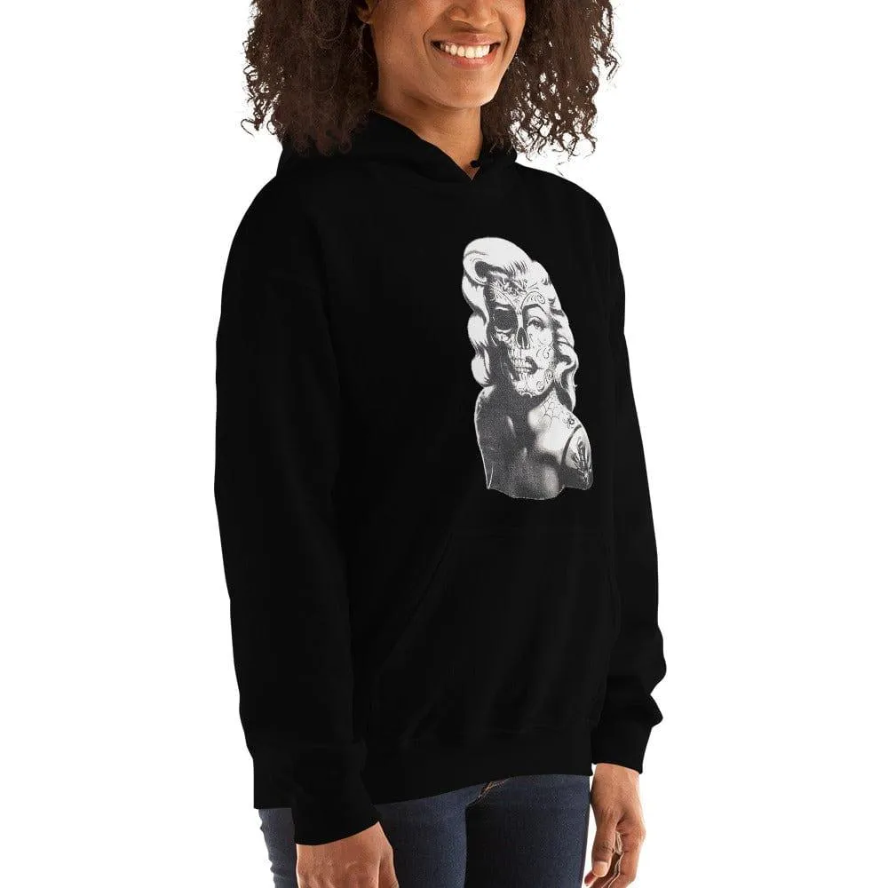 Iconic Pinup Girl Hoodie Portrait of Half Skull in Tattoo Style Unisex Pullover