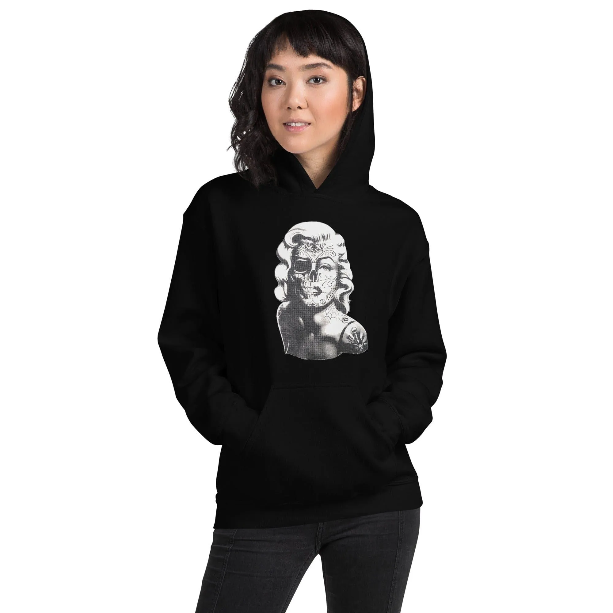 Iconic Pinup Girl Hoodie Portrait of Half Skull in Tattoo Style Unisex Pullover