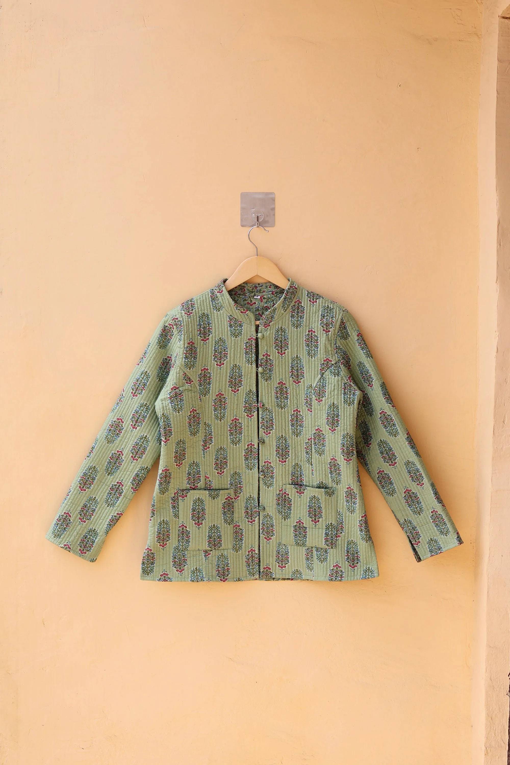 Indian Handmade Quilted Cotton Kantha Jacket Stylish Green Floral Women's Coat, Reversible Waistcoat for Her