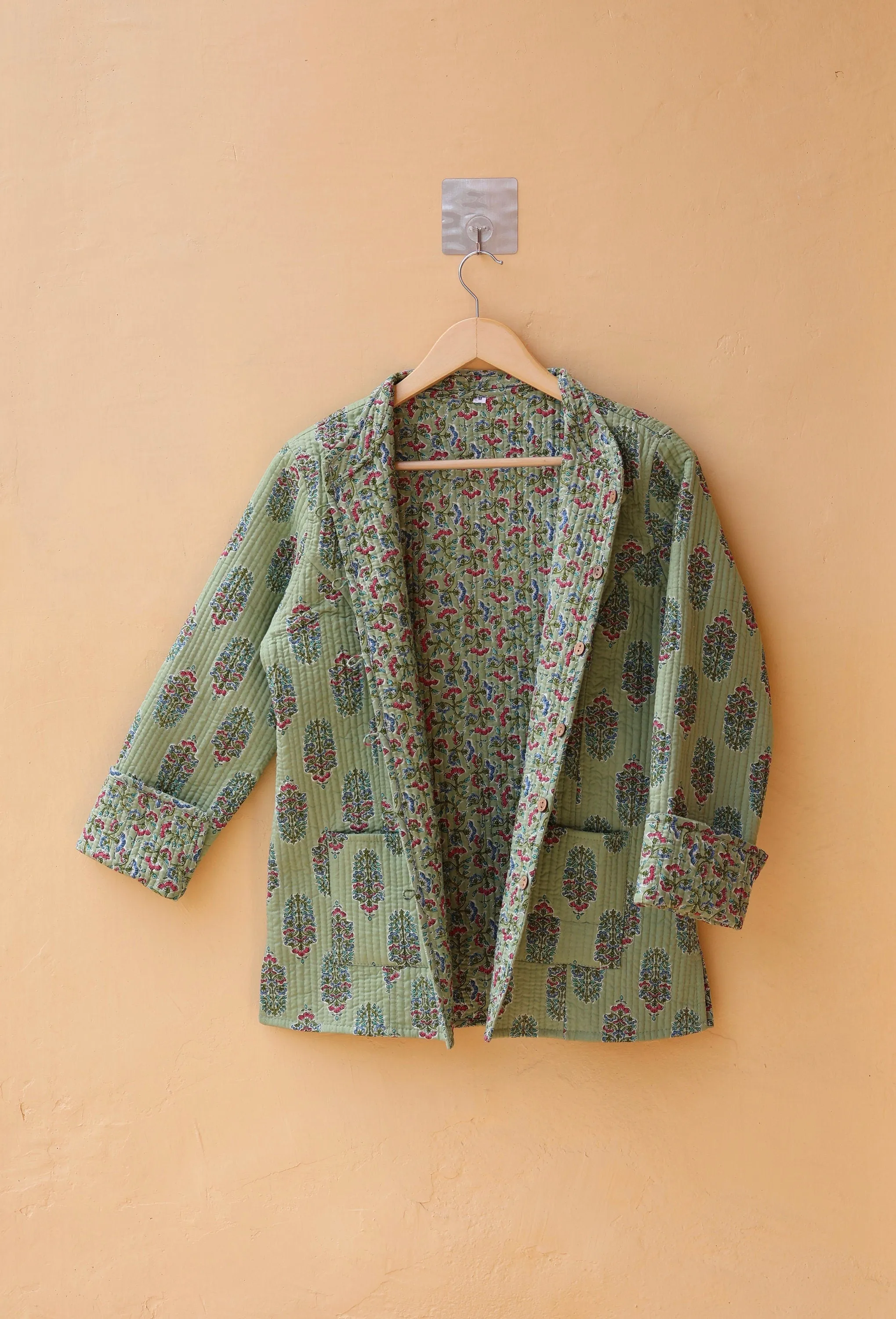 Indian Handmade Quilted Cotton Kantha Jacket Stylish Green Floral Women's Coat, Reversible Waistcoat for Her