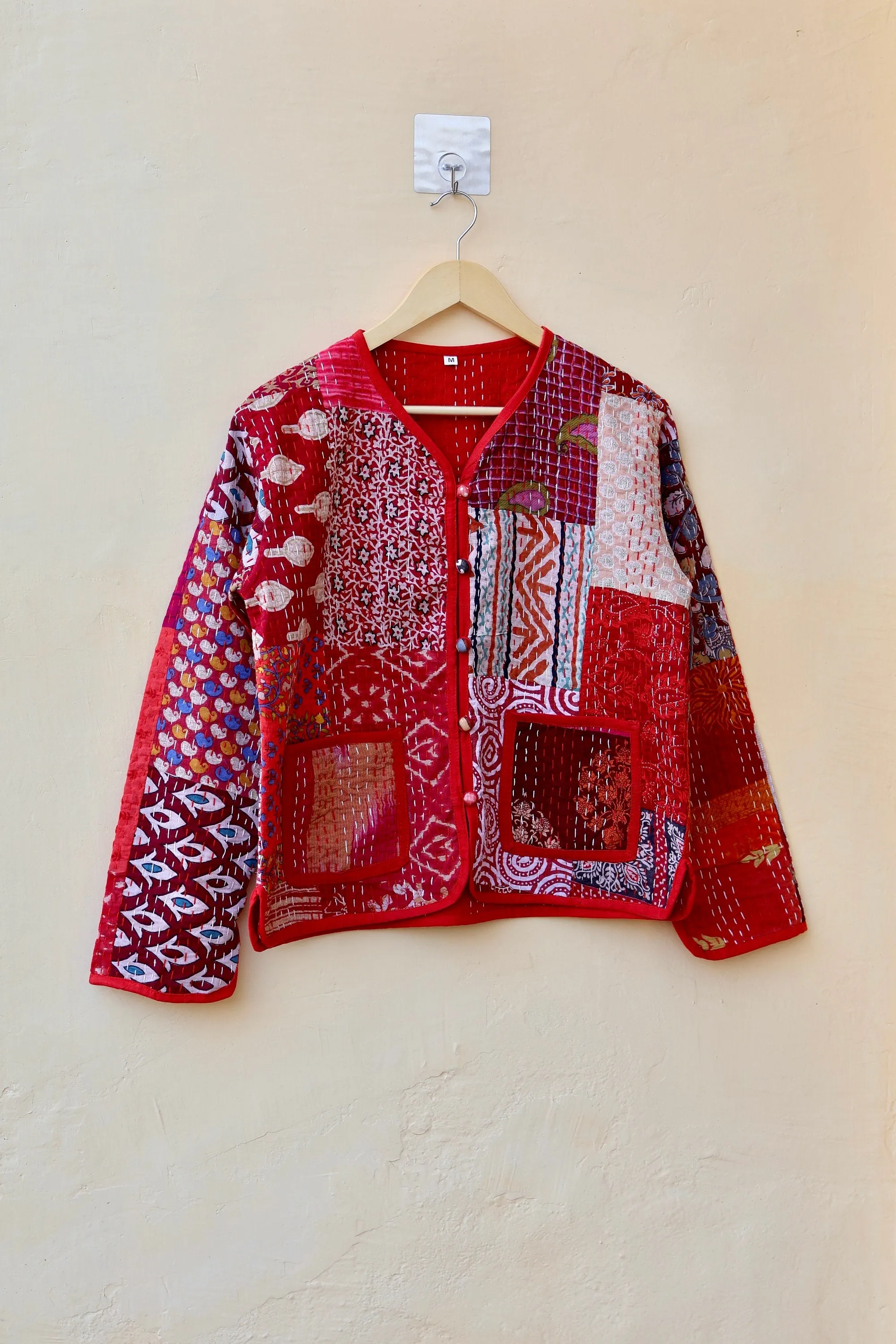 Indian Handmade Red Kantha Patchwork Quilted Jacket, Stylish Patchwork Women's Coat, Winter Spring Reversible Kantha Jacket for Her