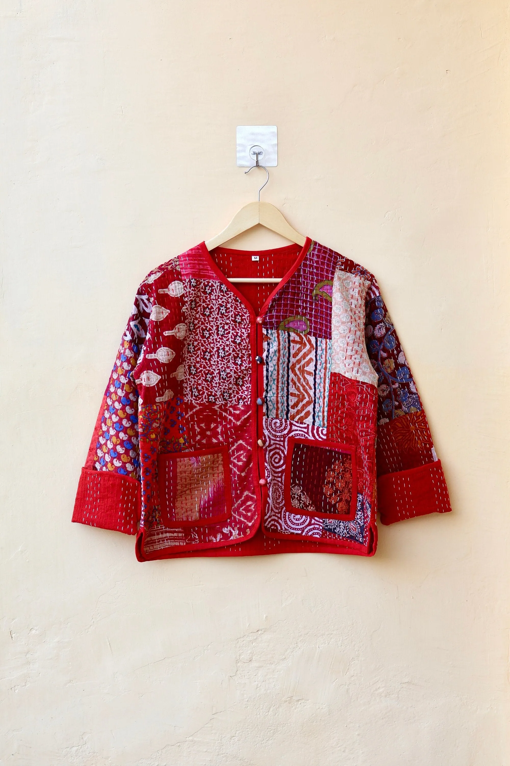 Indian Handmade Red Kantha Patchwork Quilted Jacket, Stylish Patchwork Women's Coat, Winter Spring Reversible Kantha Jacket for Her