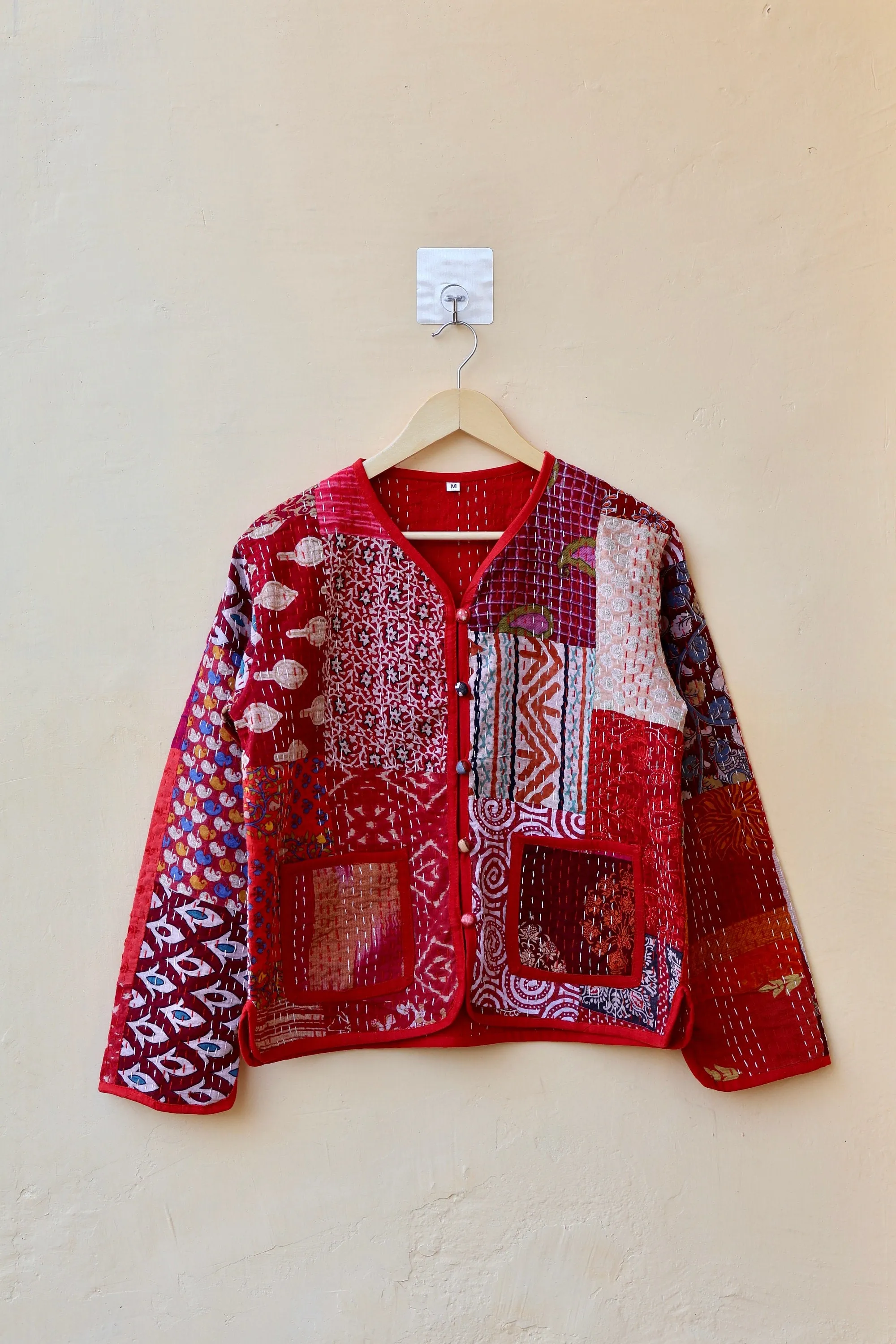 Indian Handmade Red Kantha Patchwork Quilted Jacket, Stylish Patchwork Women's Coat, Winter Spring Reversible Kantha Jacket for Her