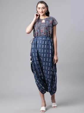 Indigo Hand Block Dhoti Style Cotton Jumpsuit