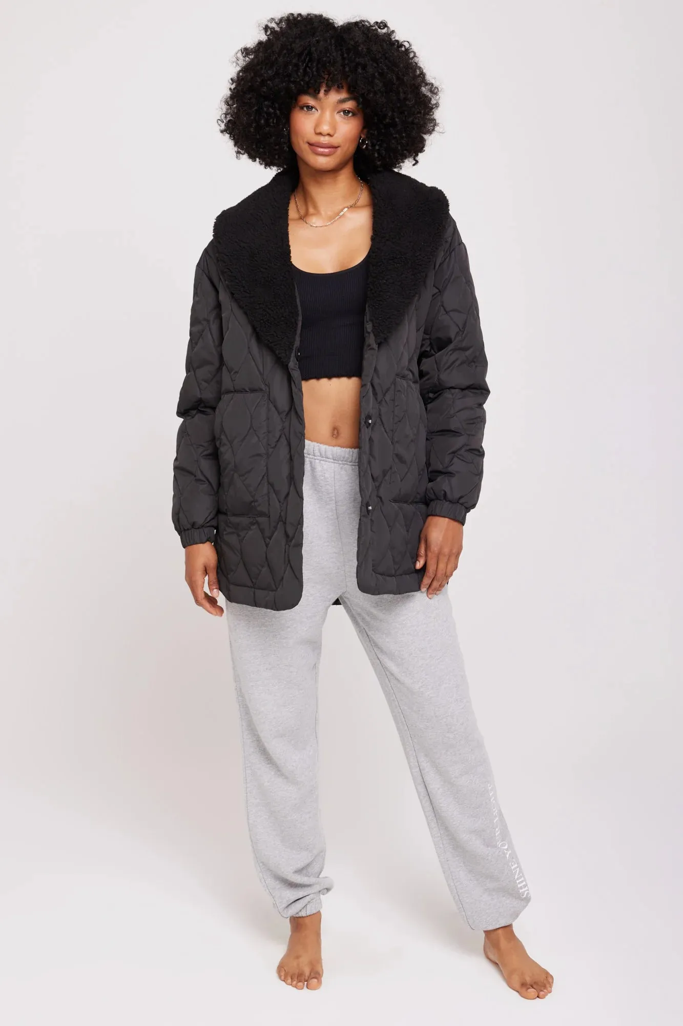 Ivy Quilted Sherpa Jacket: Black