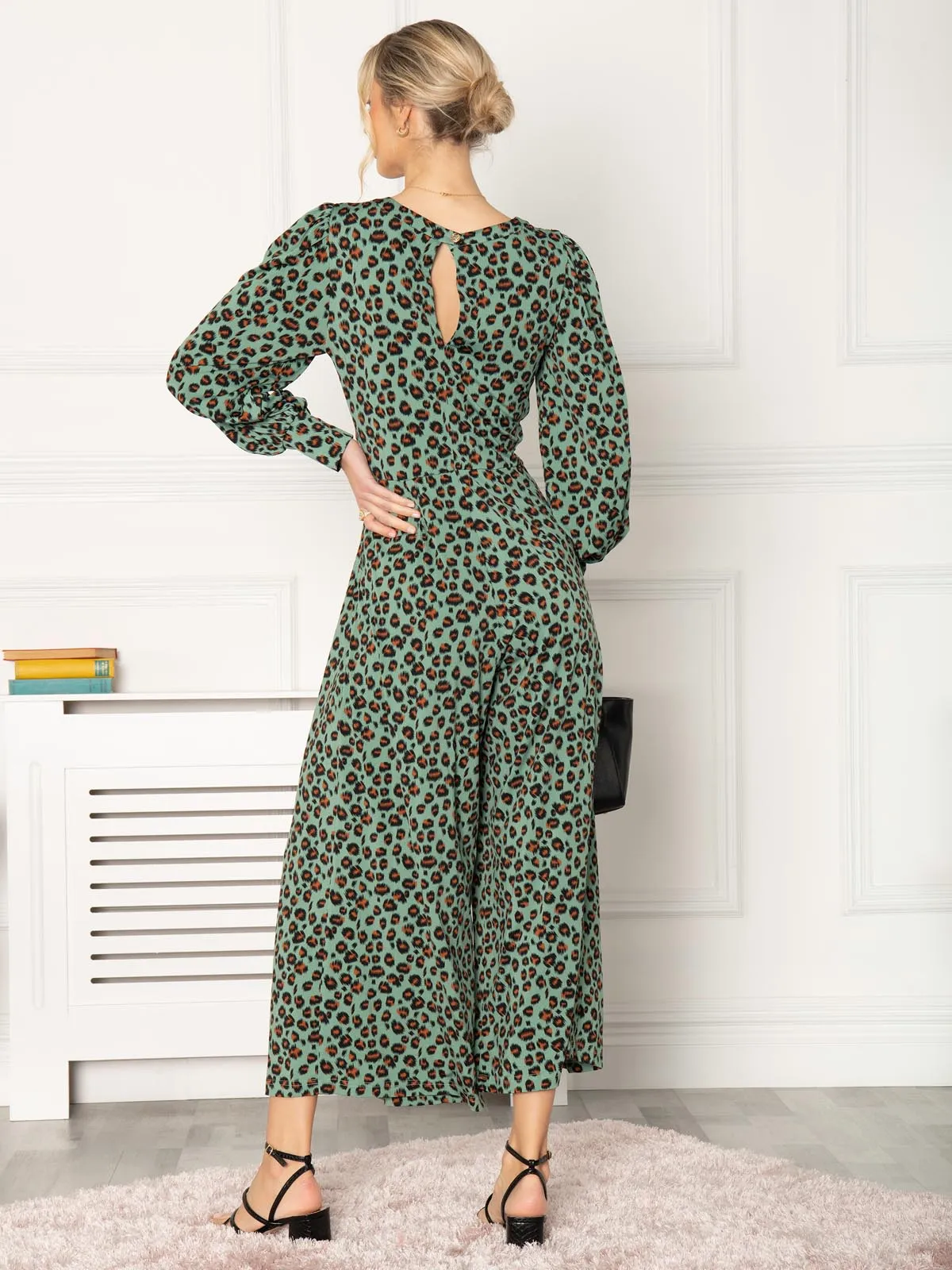 Jolie Moi Kylie Long Sleeve Jumpsuit, Green Animal