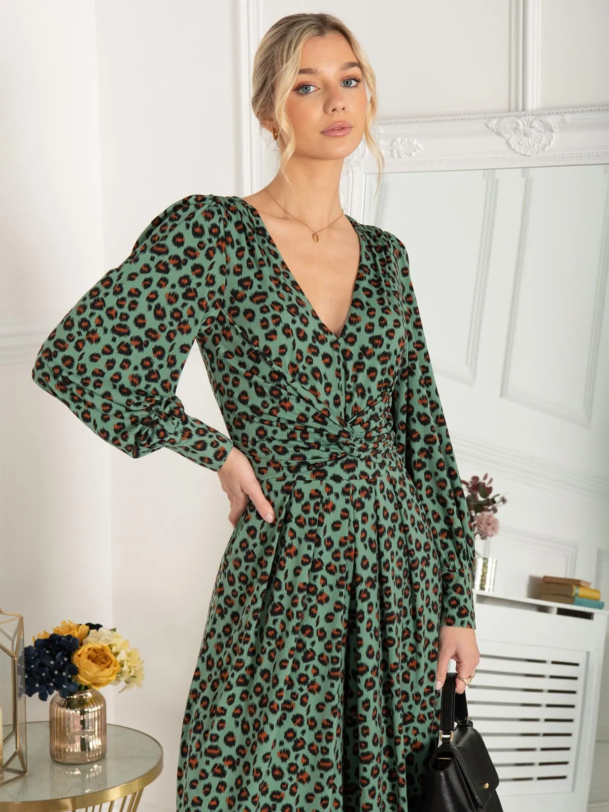 Jolie Moi Kylie Long Sleeve Jumpsuit, Green Animal