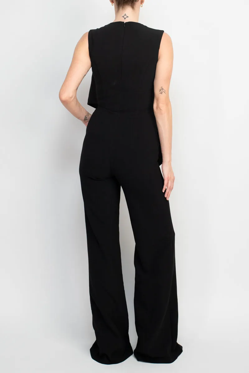 Jovani Ruffle trim sleeveless high waist one-piece scoop neck crepe jumpsuit