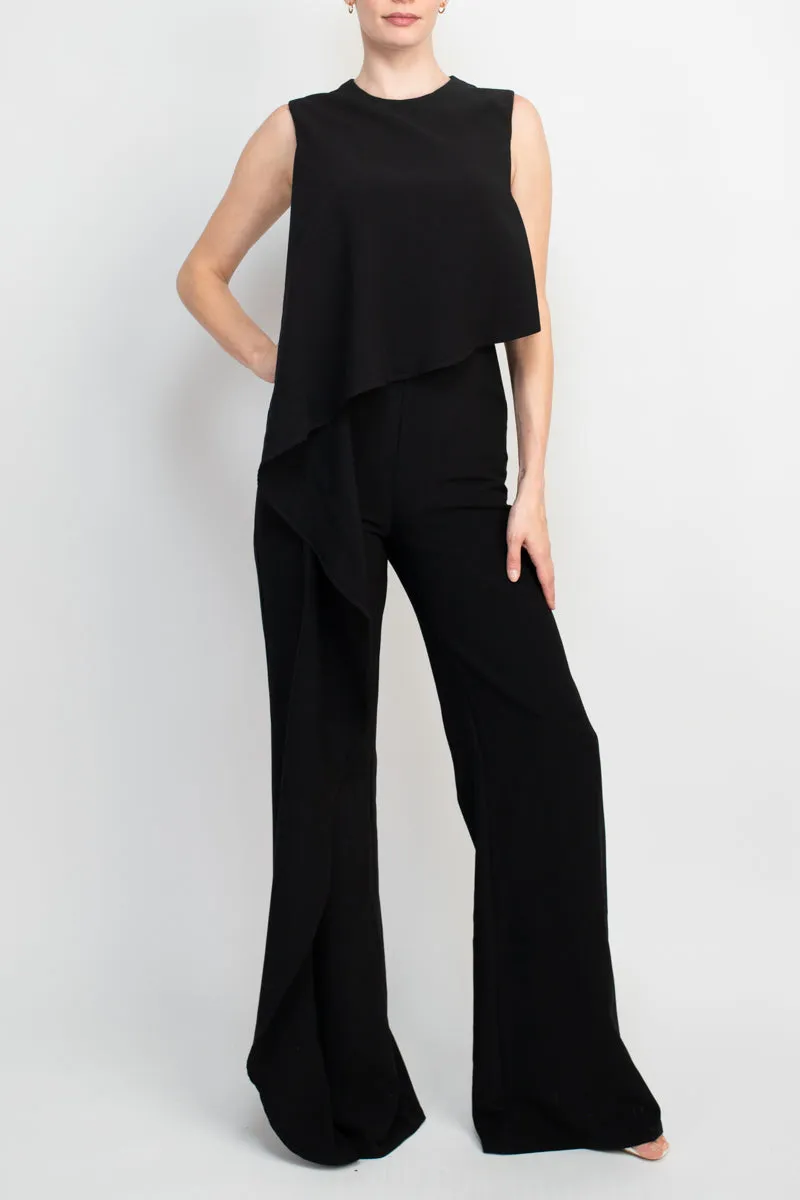 Jovani Ruffle trim sleeveless high waist one-piece scoop neck crepe jumpsuit