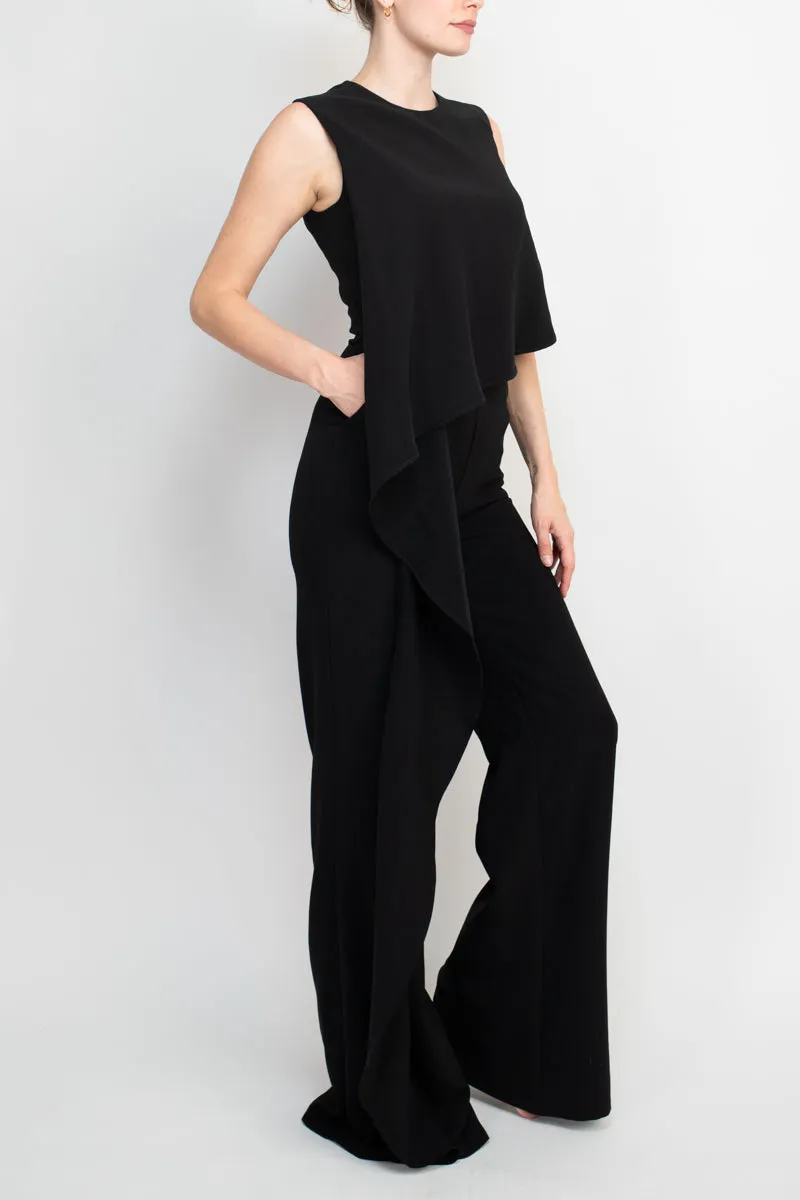 Jovani Ruffle trim sleeveless high waist one-piece scoop neck crepe jumpsuit