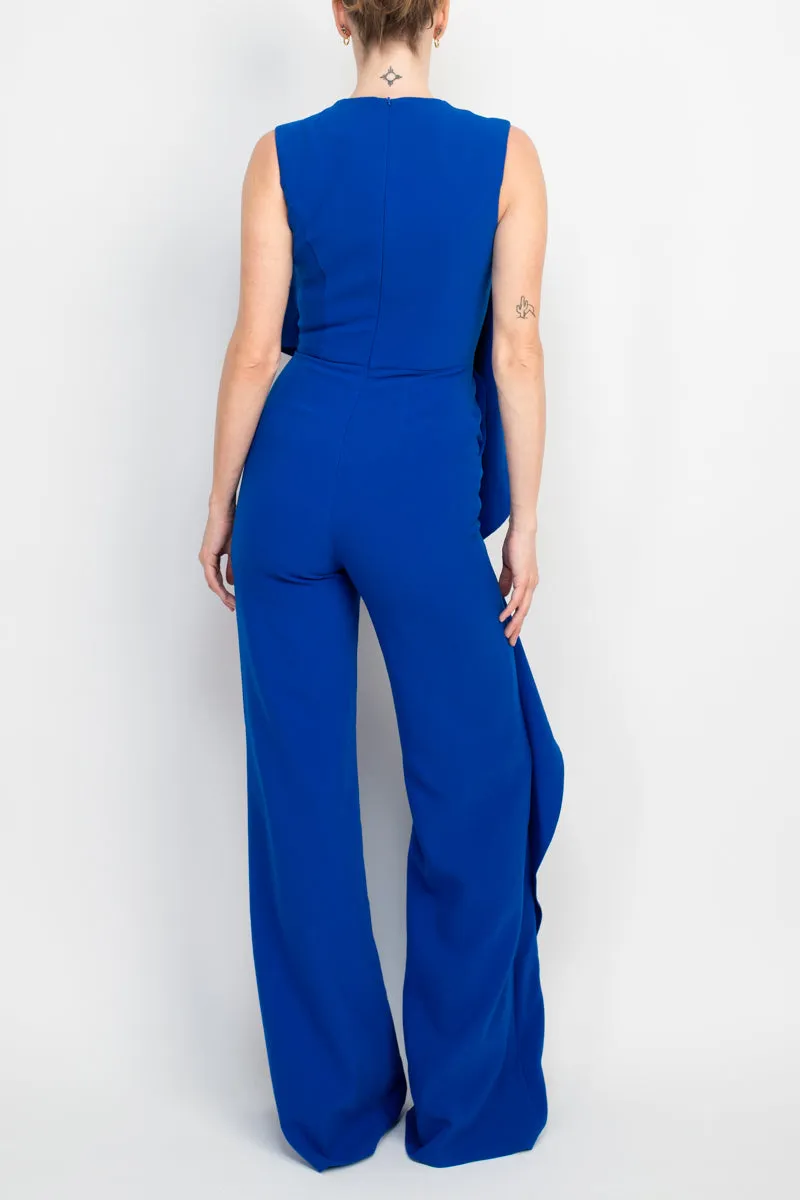 Jovani Ruffle trim sleeveless high waist one-piece scoop neck crepe jumpsuit