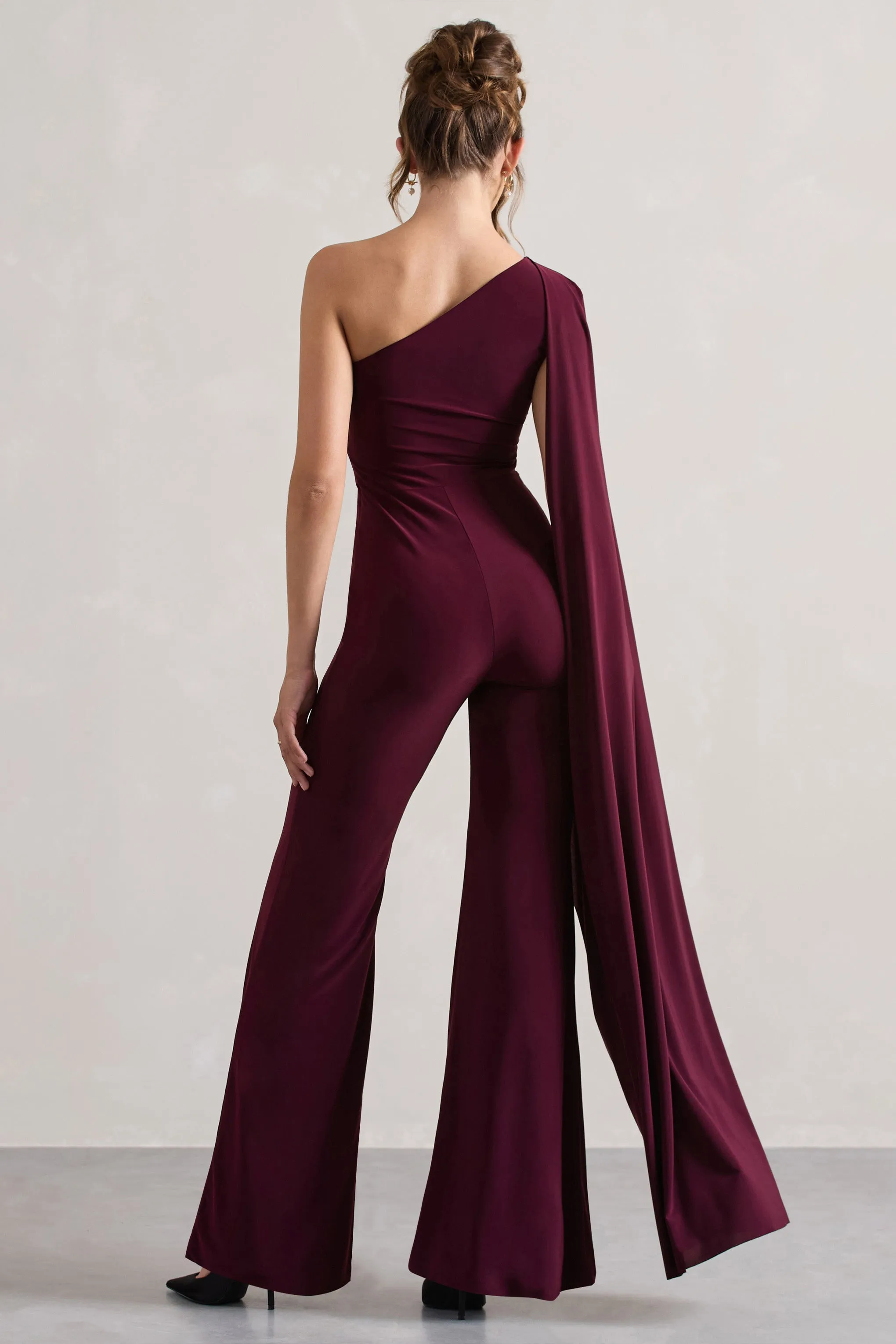 Julie | Plum Asymmetric Flared-Leg Jumpsuit With Cape Sleeve