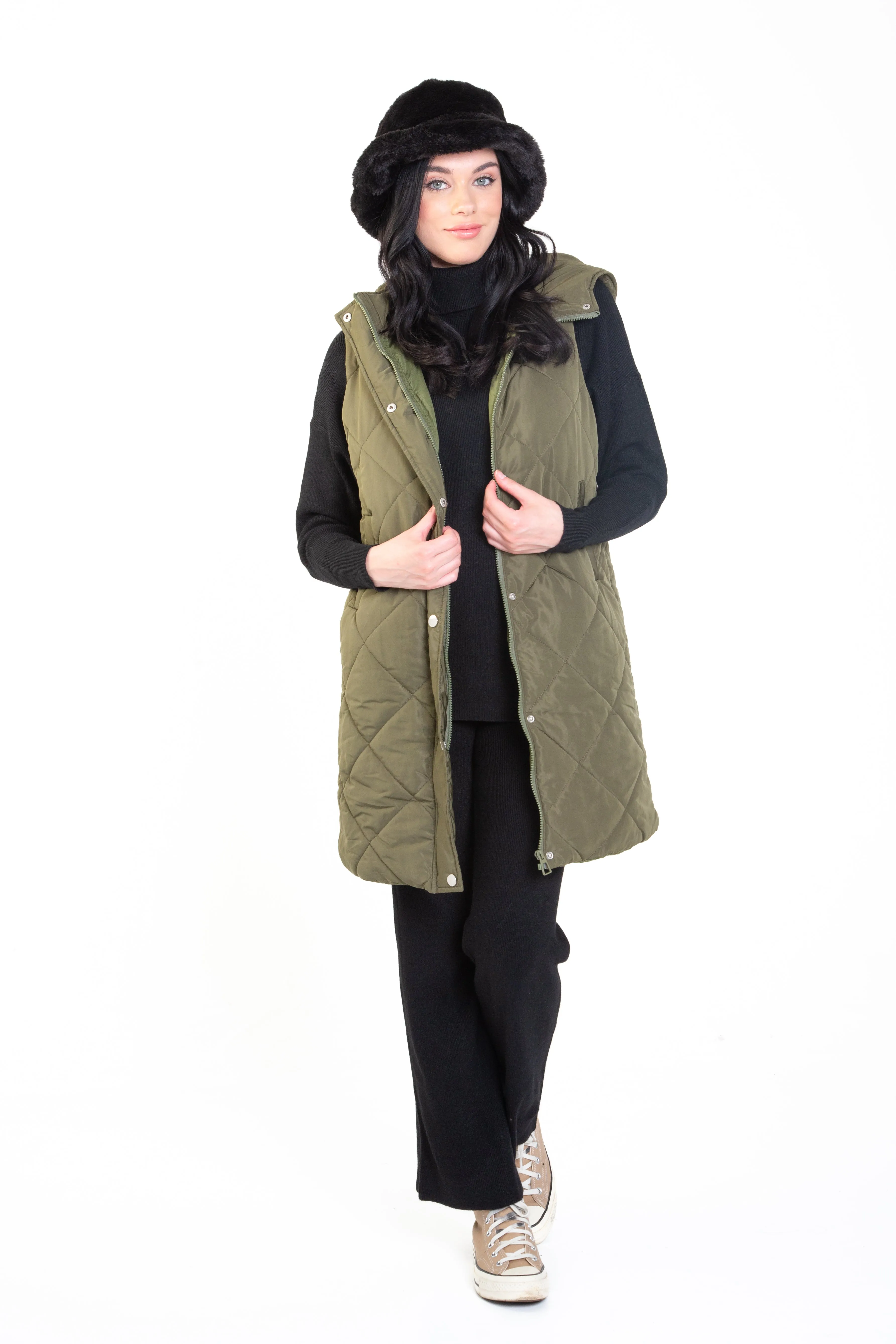 Khaki Longline Padded Gilet with Hood