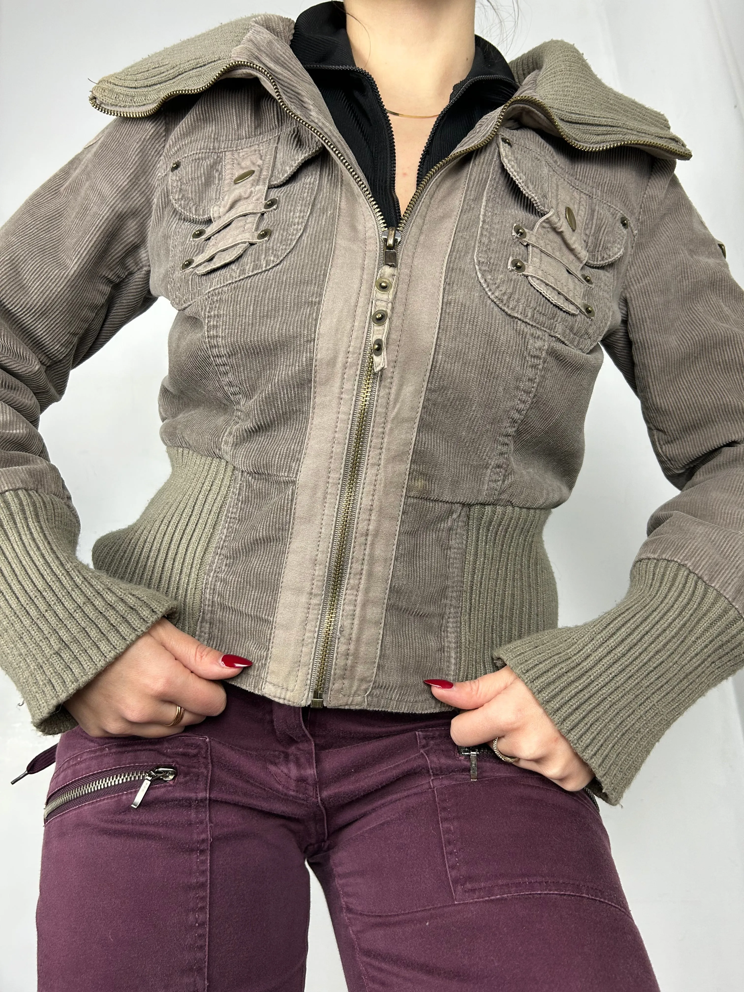 Khaki velvet denim biker jacket (M)