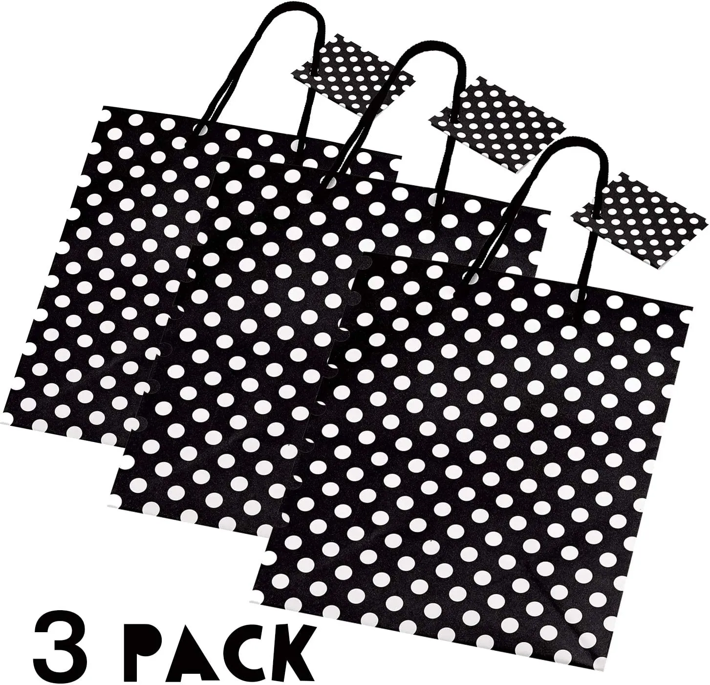 Kicko Midnight Black Polka Dot Gift Bags - 3 Pack - 9 Inches - for Party Favors, Presents