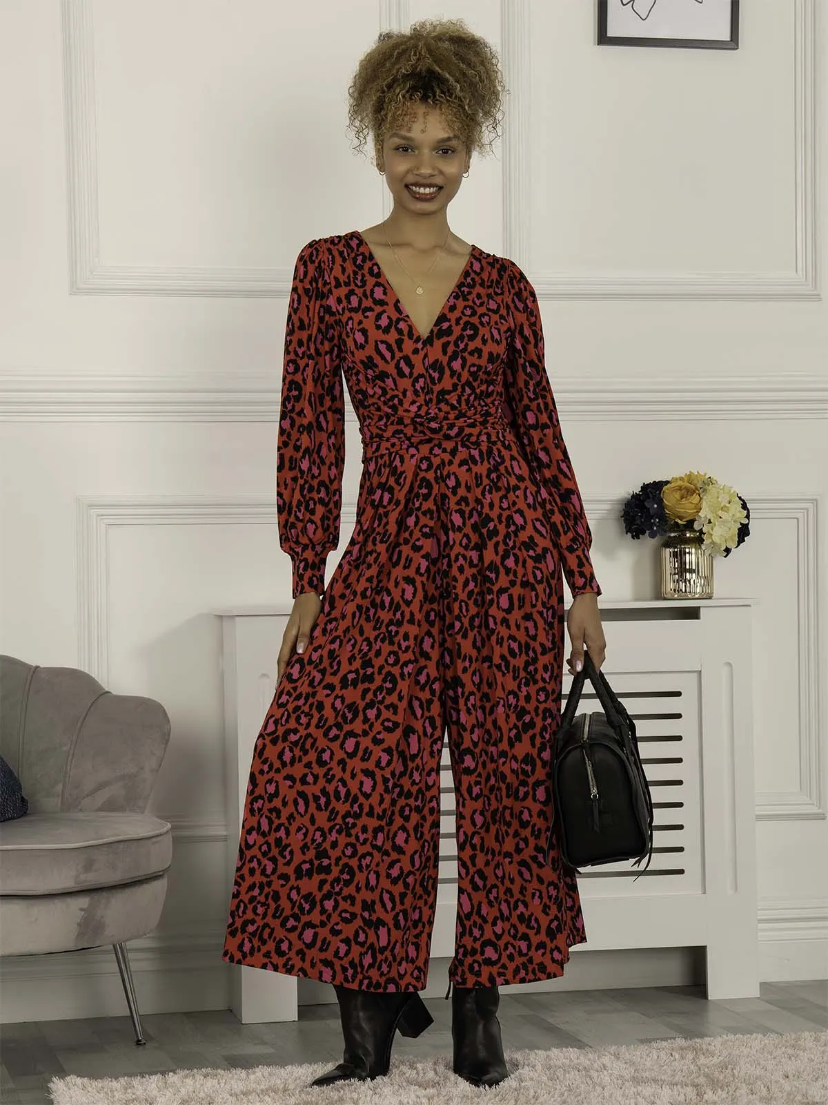 Kylie Long Sleeve Jumpsuit, Red Animal