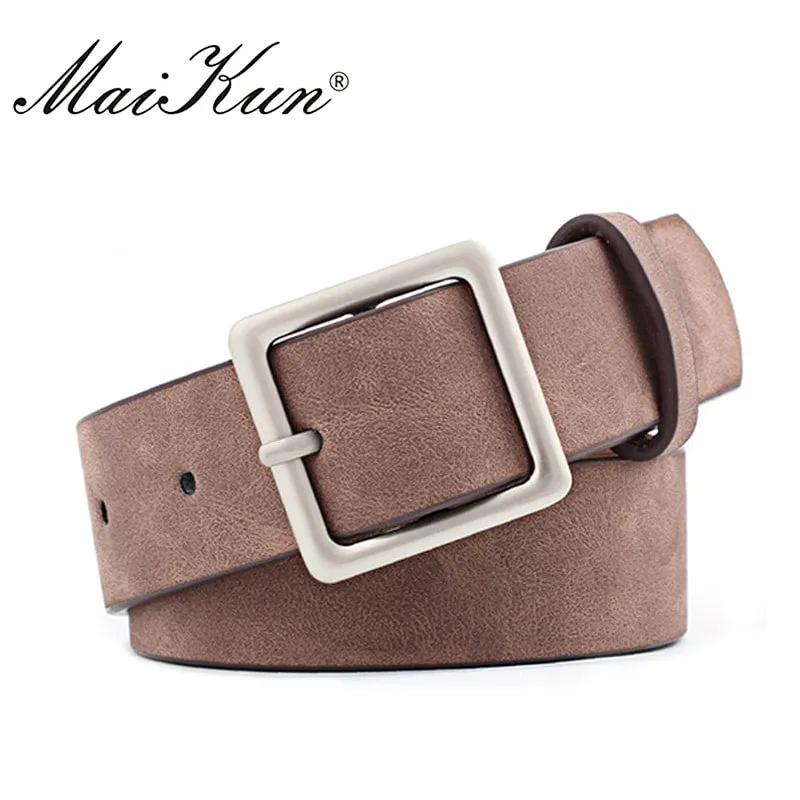 MaiKun Women Leather Belts for Jeans Luxury brand Designer Belts Female Square Metal Pin Buckle Belt