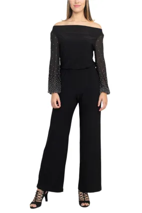 Marina Off Shoulder Embellished Chiffon Long Sleeve Blouson Solid Jersey Jumpsuit