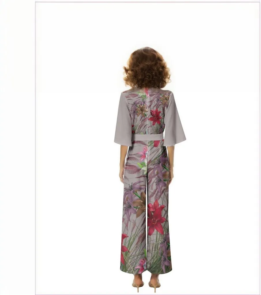 Mauve Gold Floral Dolman Sleeve Belted Wide Leg Jumpsuit