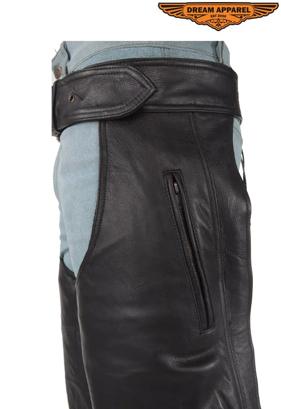 Mens Heavy Duty Leather Motorcycle Chaps With Zippered Pocket