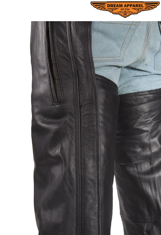 Mens Heavy Duty Leather Motorcycle Chaps With Zippered Pocket