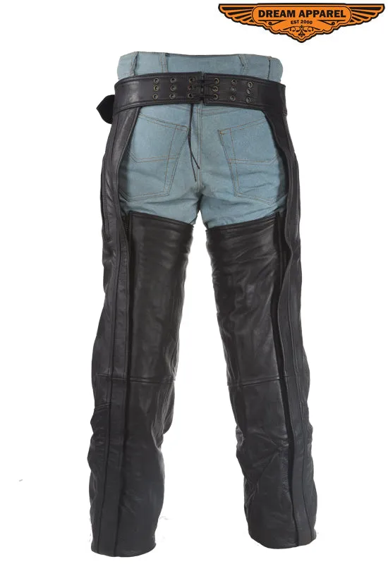 Mens Heavy Duty Leather Motorcycle Chaps With Zippered Pocket