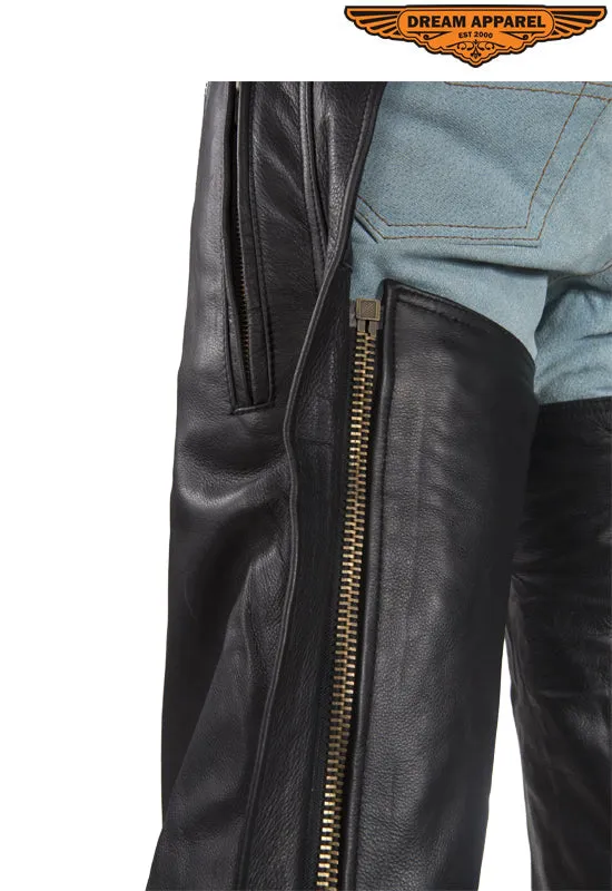 Mens Heavy Duty Leather Motorcycle Chaps With Zippered Pocket