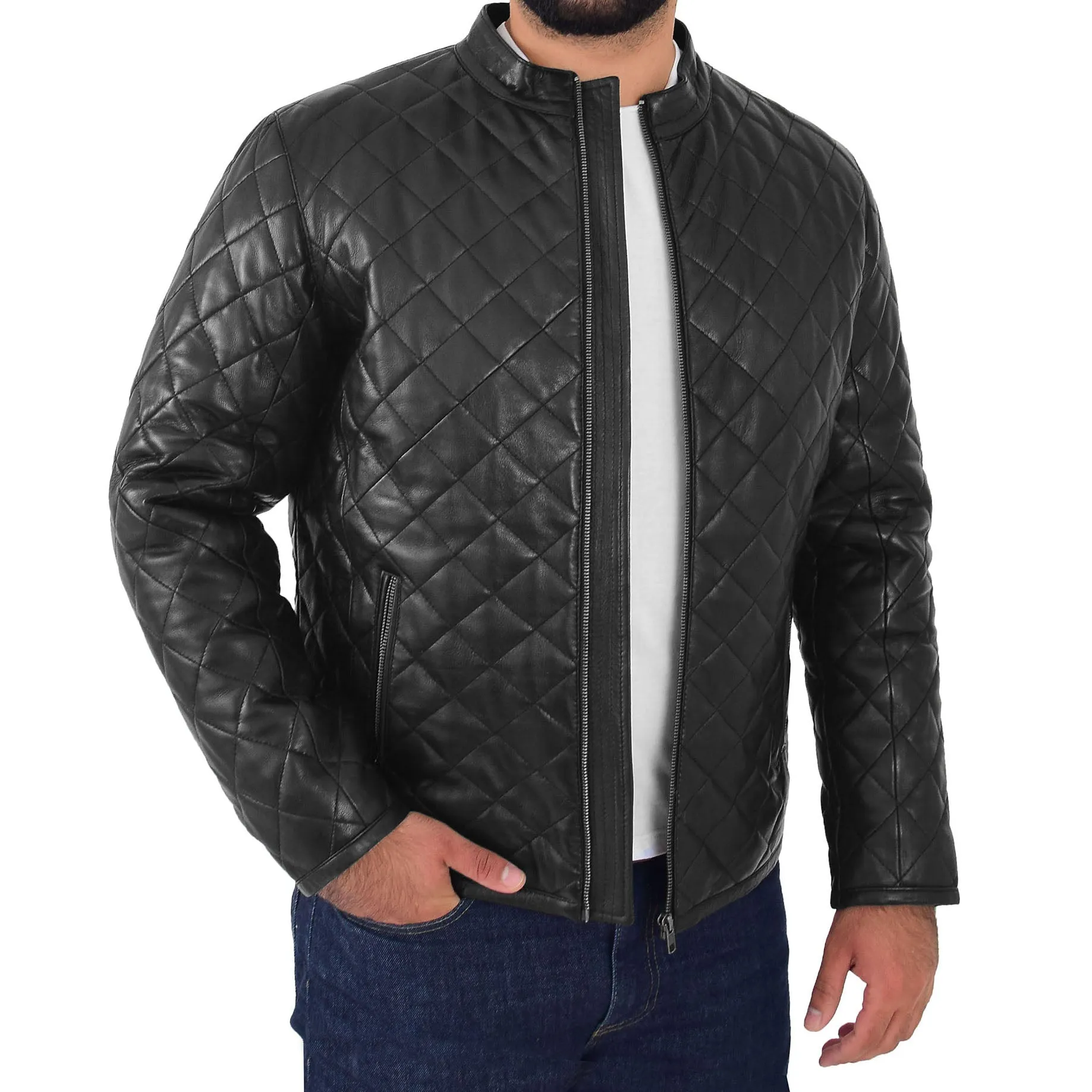 Mens Leather Puffer Jacket Padded Stand-up Band Collar Kyle Black