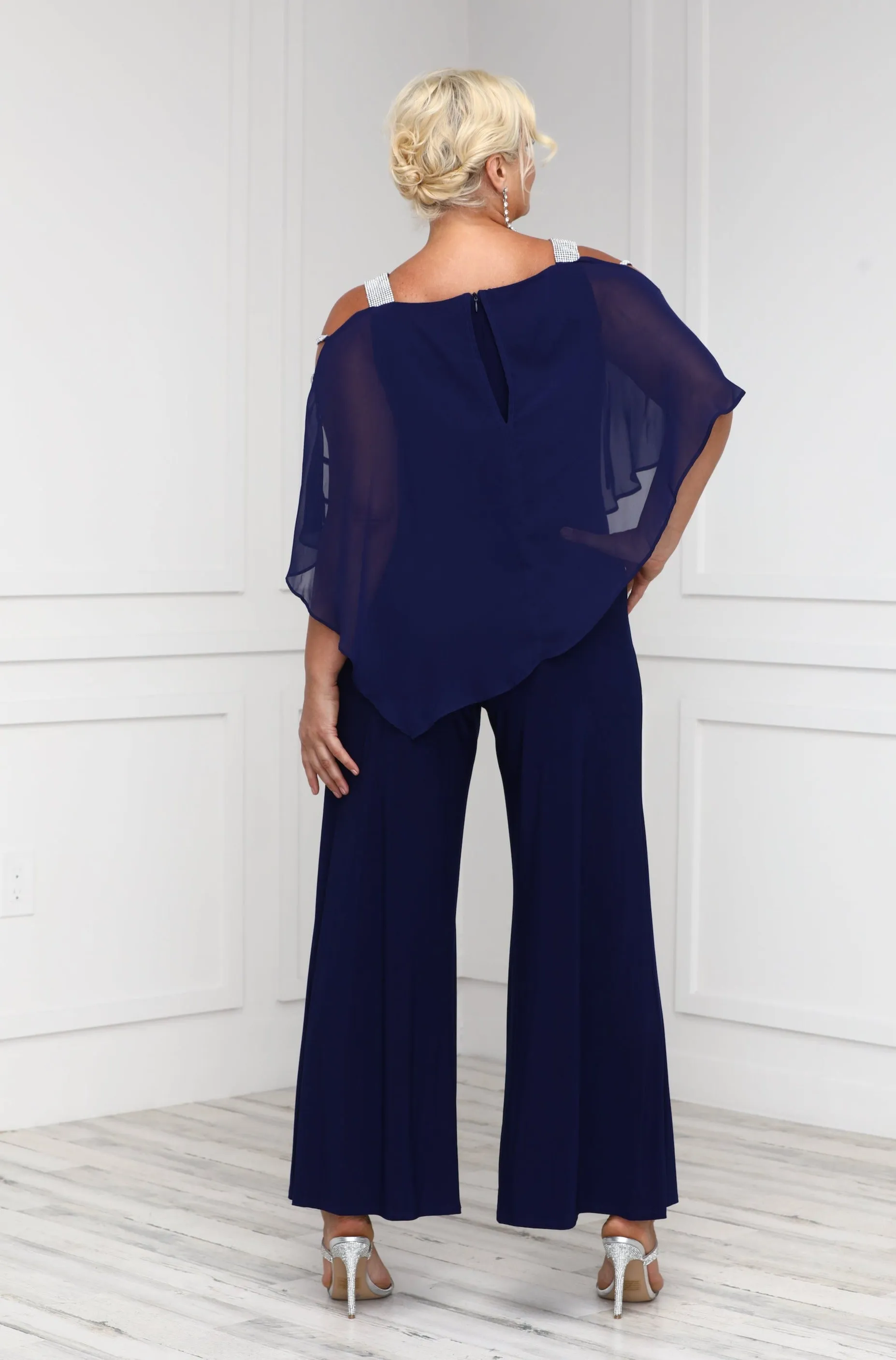 MSK Womens Chiffon Overlay Jumpsuit with Embellished Silver Trim