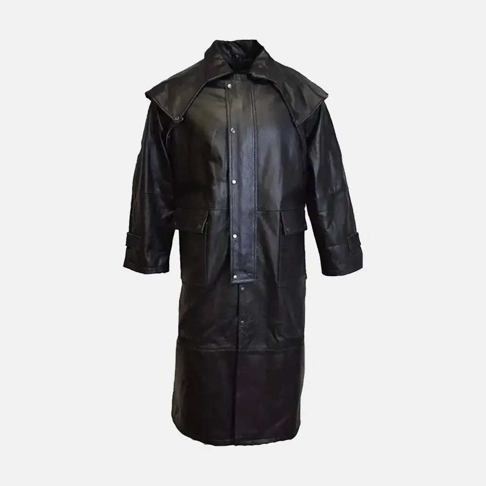 Mystic Noir Black Leather Duster Coat Men