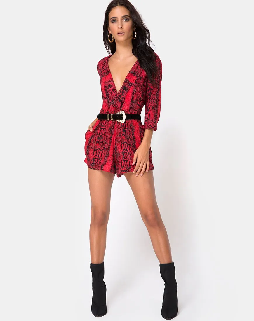 Nanic Plunge Playsuit in Snake Red