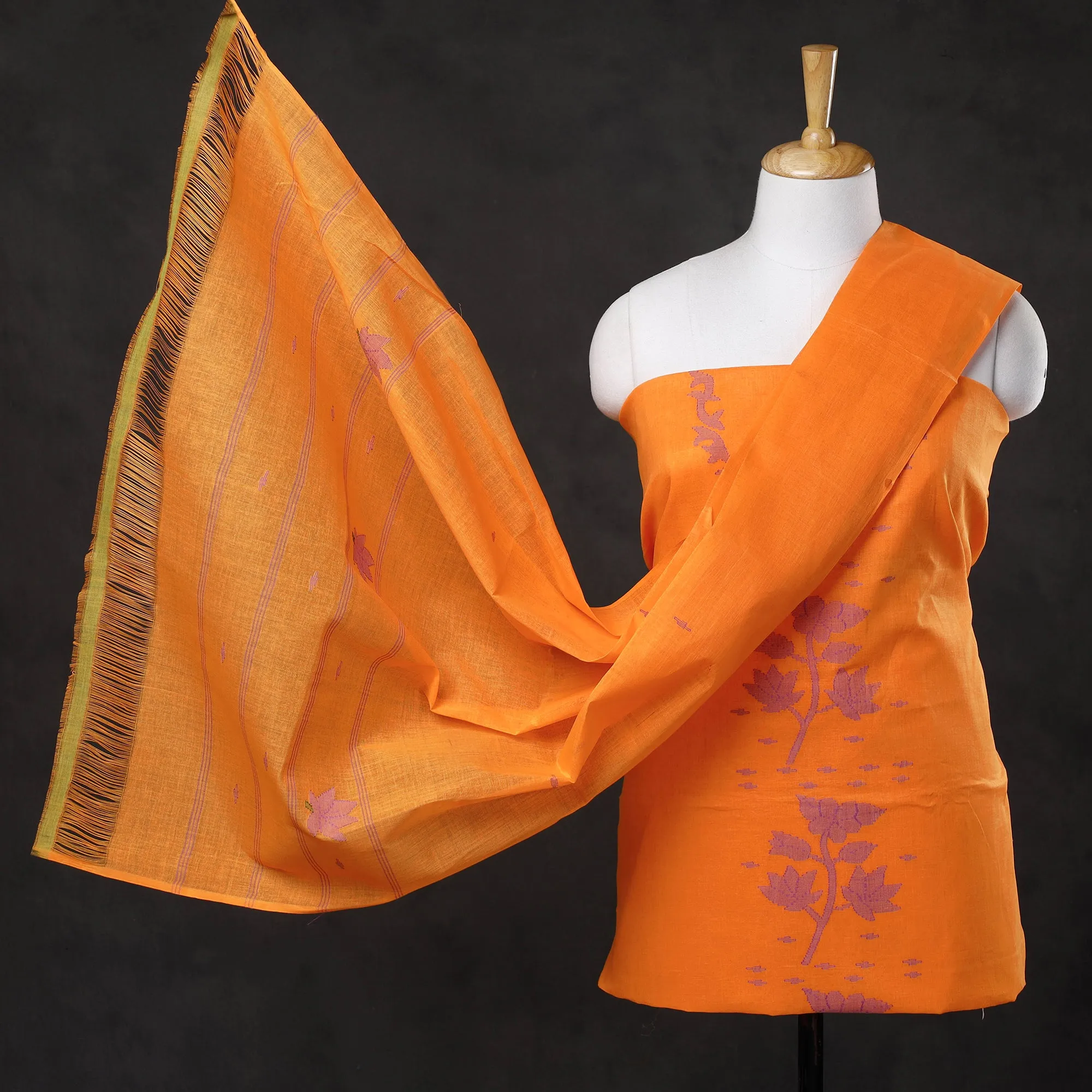 Orange - 3pc Manipuri Weave Handloom Cotton Suit Material Set