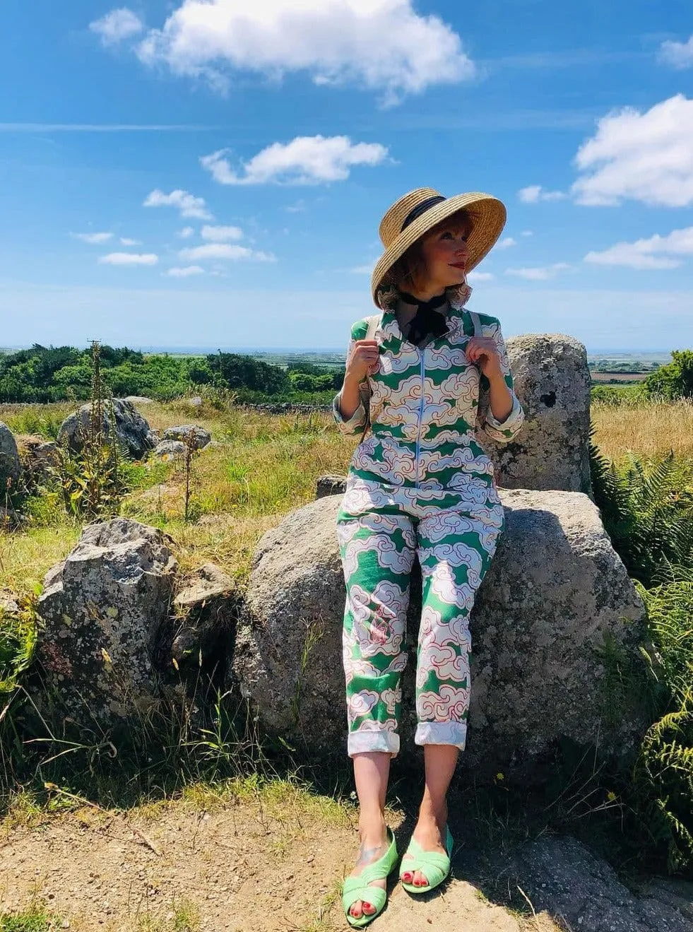 Organic Cotton & Linen Green Clouds Jumpsuit