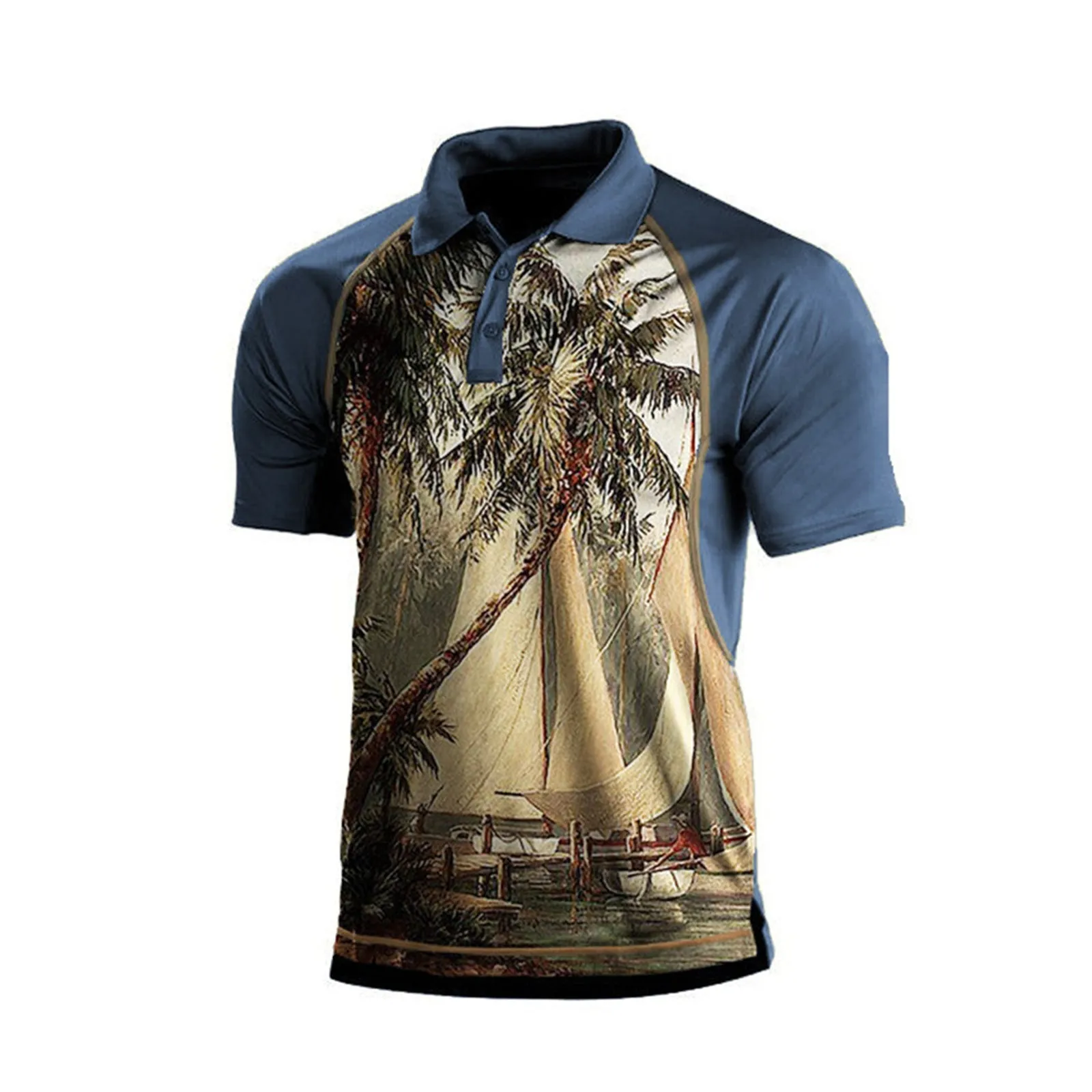 PALM TREE PATCHWORK 1/4 BUTTON PRINTED POLO SHIRT
