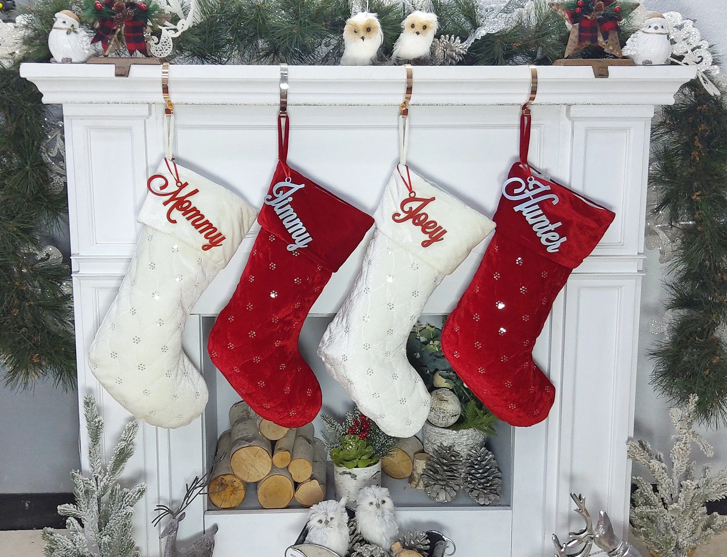 Personalized Christmas Stockings - Blue White Red Velveteen 20" with sequins Christmas Stocking Embroidered with Names Velvet Stockings