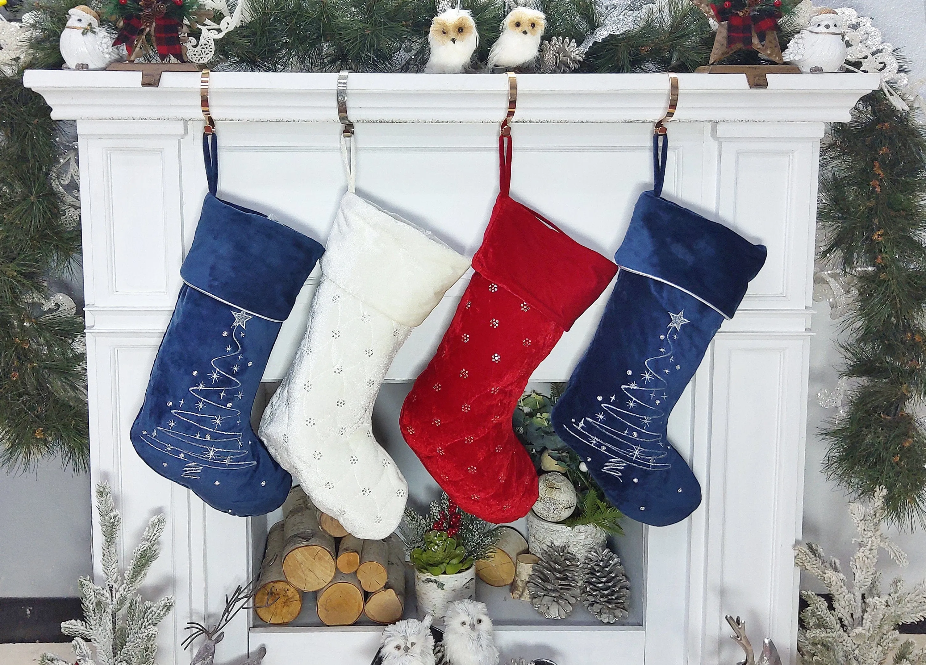 Personalized Christmas Stockings - Blue White Red Velveteen 20" with sequins Christmas Stocking Embroidered with Names Velvet Stockings