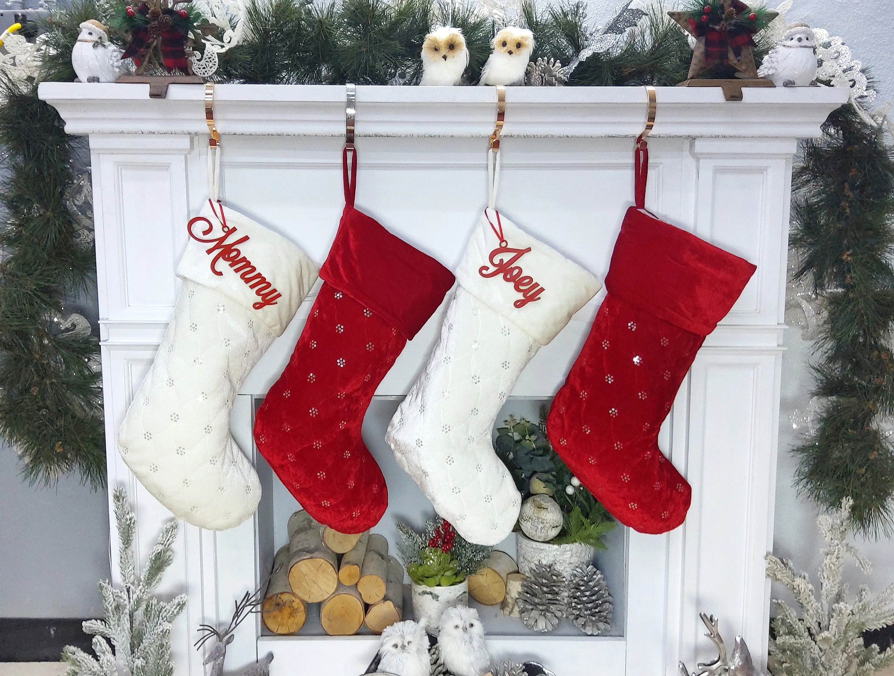 Personalized Christmas Stockings - Blue White Red Velveteen 20" with sequins Christmas Stocking Embroidered with Names Velvet Stockings