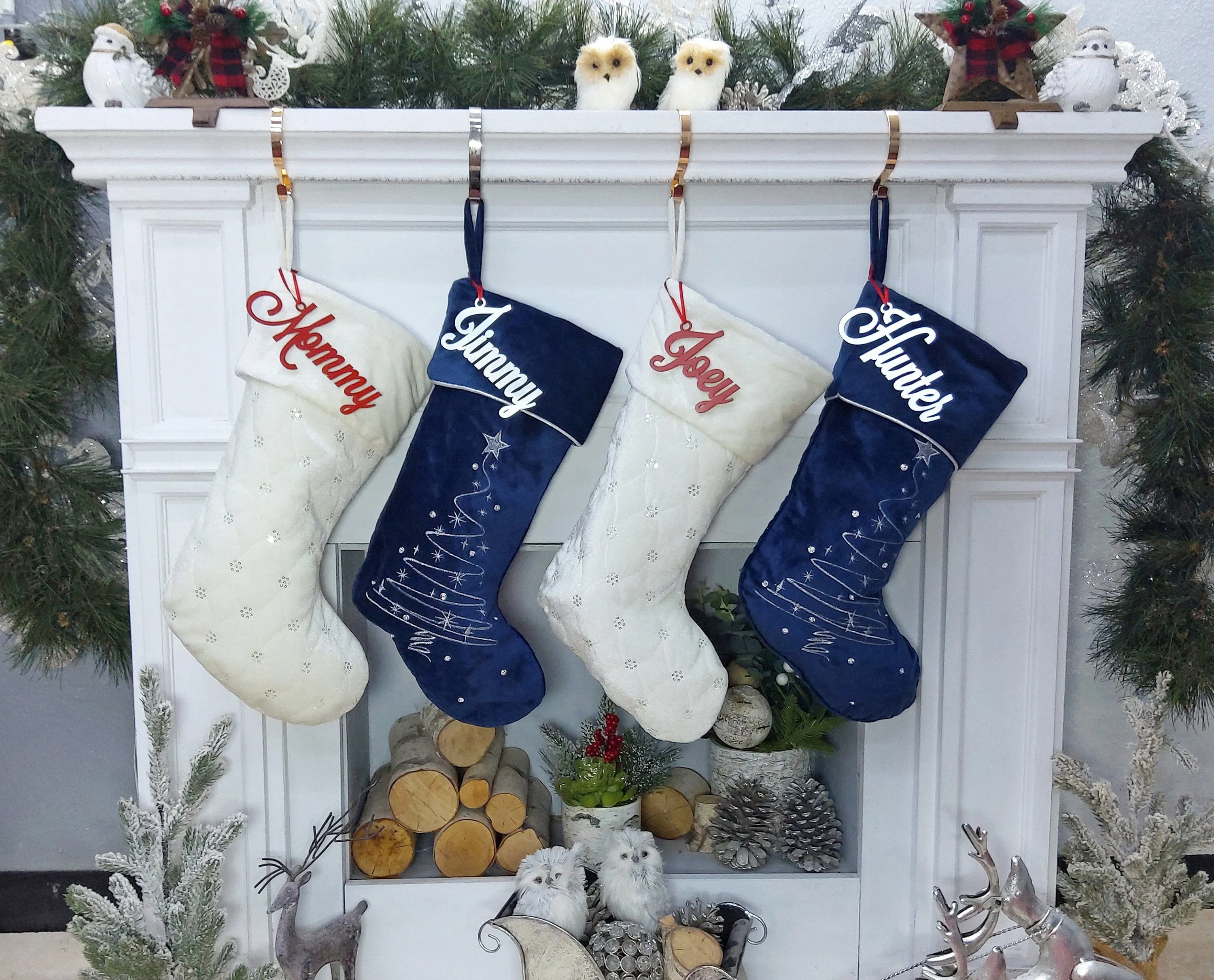 Personalized Christmas Stockings - Blue White Red Velveteen 20" with sequins Christmas Stocking Embroidered with Names Velvet Stockings