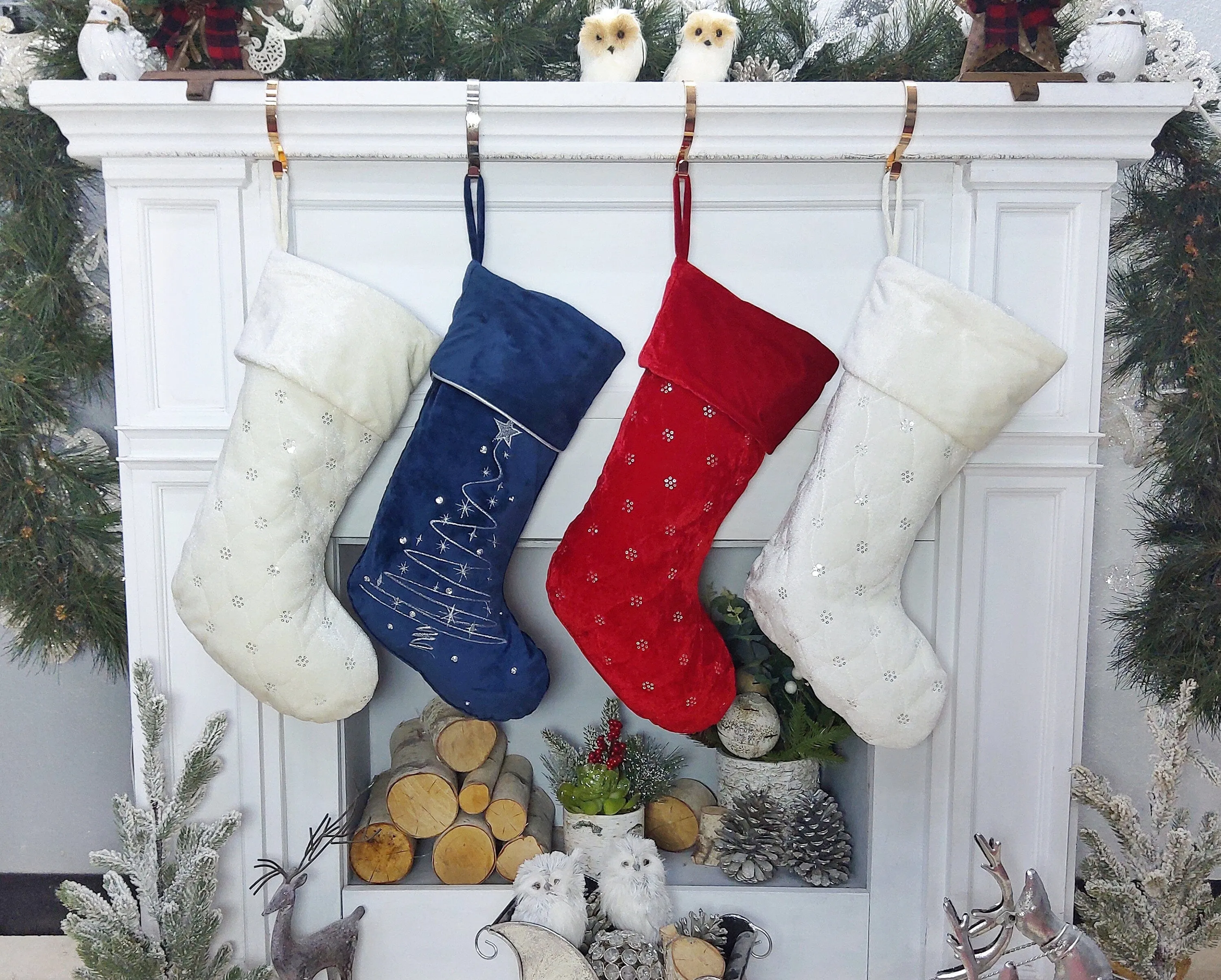 Personalized Christmas Stockings - Blue White Red Velveteen 20" with sequins Christmas Stocking Embroidered with Names Velvet Stockings