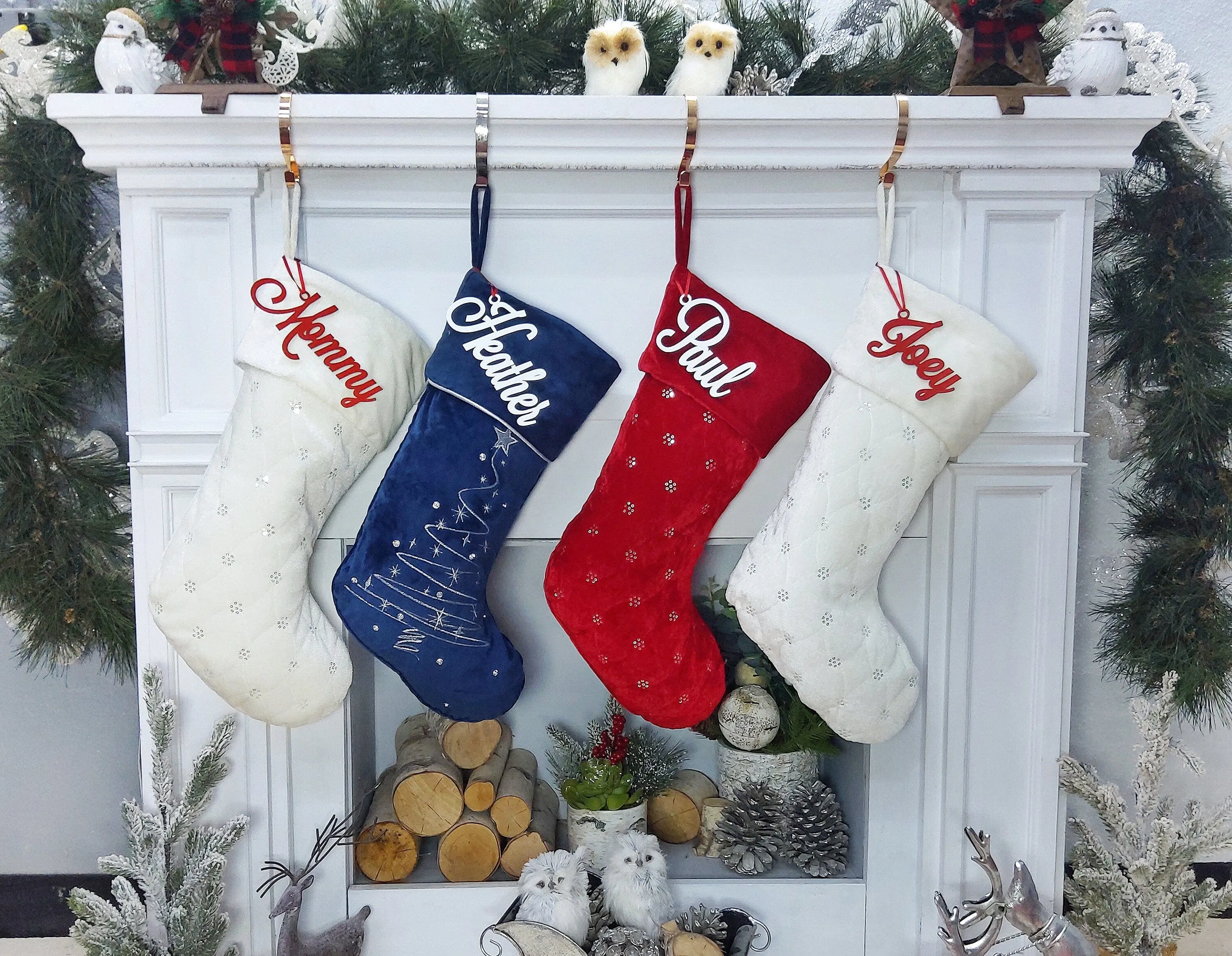 Personalized Christmas Stockings - Blue White Red Velveteen 20" with sequins Christmas Stocking Embroidered with Names Velvet Stockings