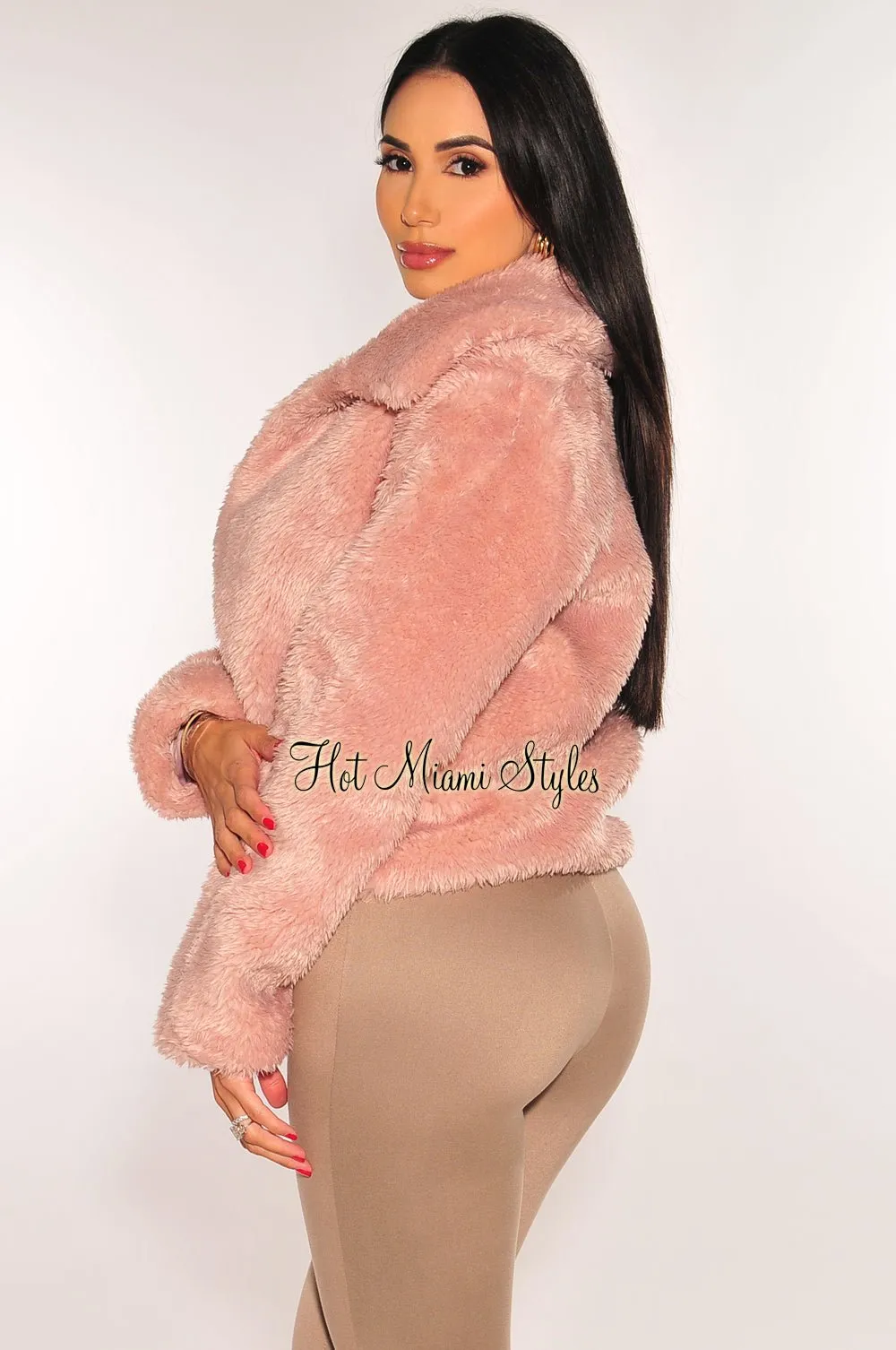 Pink Fuzzy Collared Long Sleeve Jacket